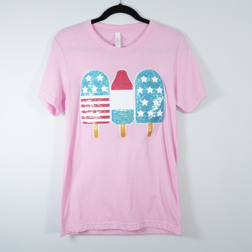 Bella Canvas Pink USA Flag Patriotic Popsicle Graphic Tee Sequin Applique Cute S